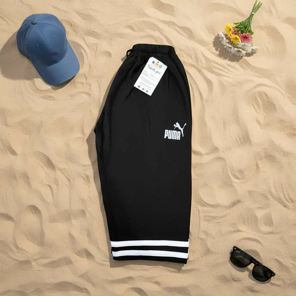 Kids Black Puma Logo Double Stripe Hem Shorts