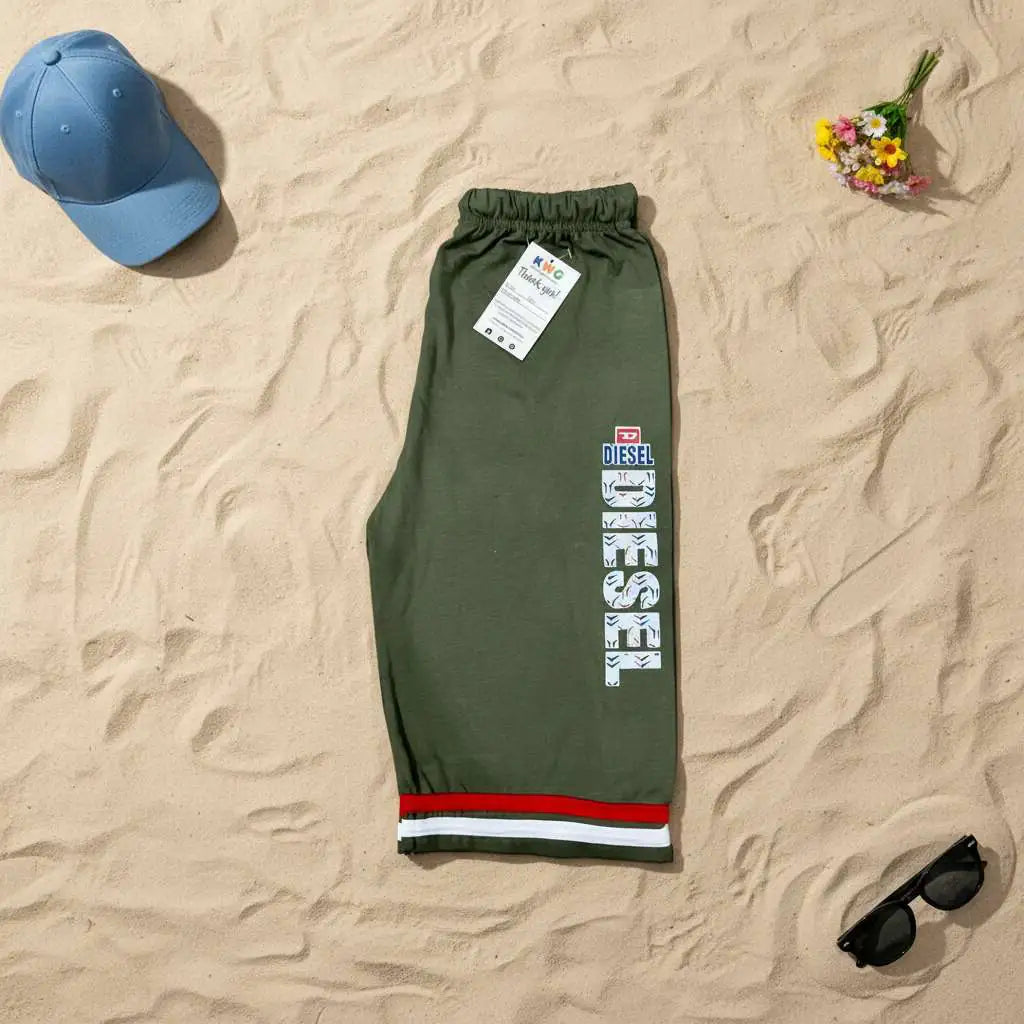 Kids Olive Green Diesel Vertical Logo Stripe Hem Shorts