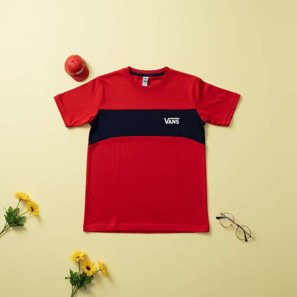 Kids Red & Navy Vans Colorblock Logo T-Shirt